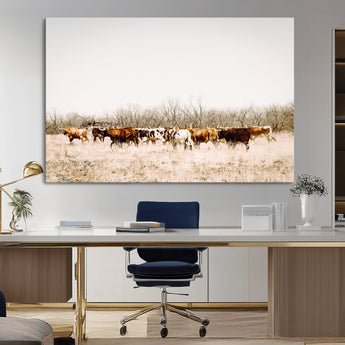 12454132-MGV-CV-36X24-Cow Herd Photography Wall Art Canvas Print, Framed Rustic Farmhouse Decor Art Picture Print, Western Ranch Style Perfect Rustic
