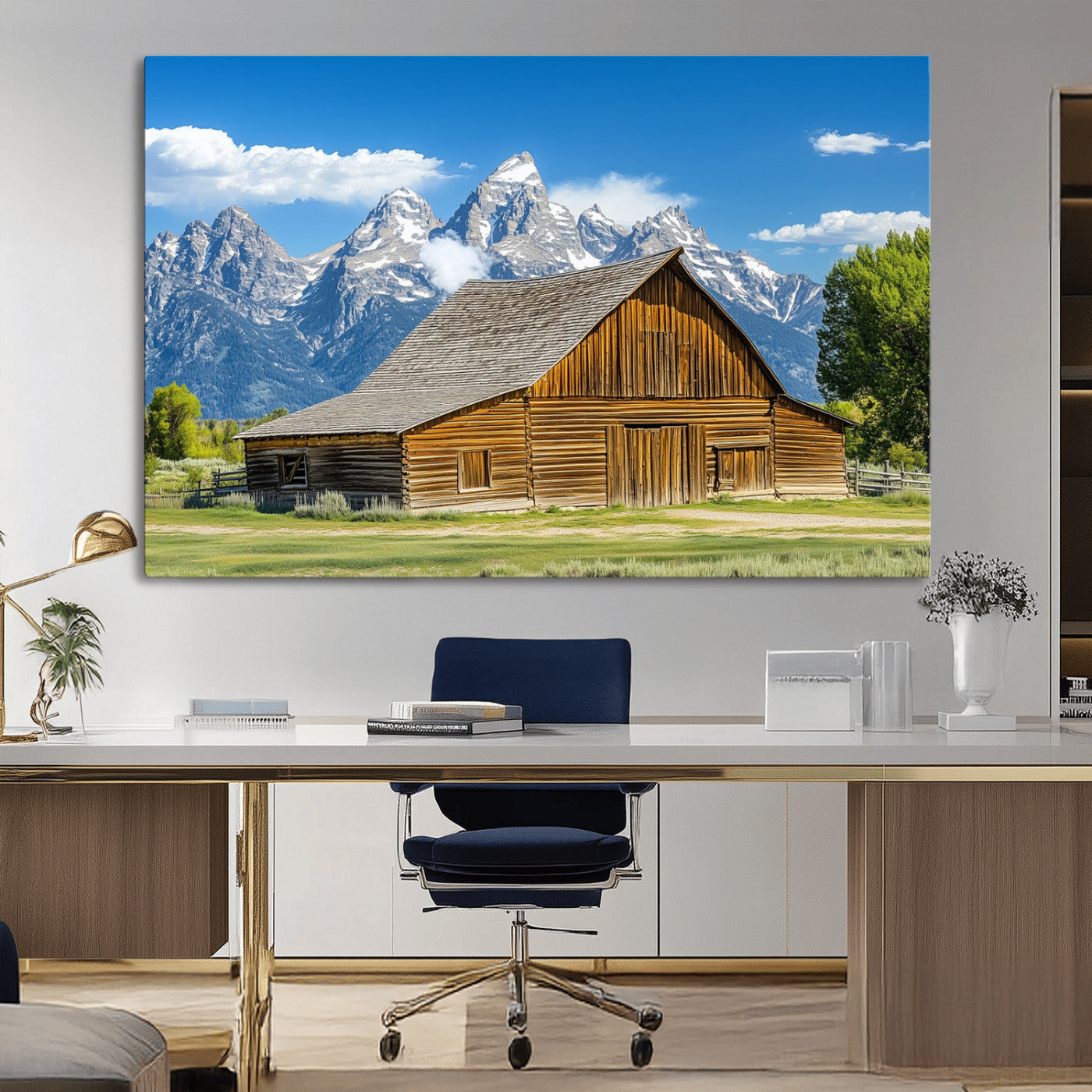 75948467-MGV-CV-36X24-Mountain Barn Scene Wall Art Canvas Print, Framed Rustic Farmhouse Style Art Picture Print, Country Cabin Decor Perfect Rustic
