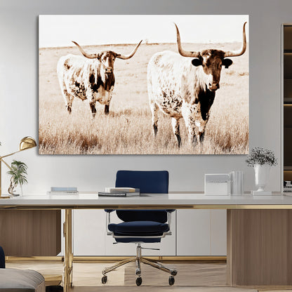 39672786-MGV-CV-36X24-Rustic Cow Scene Wall Art Canvas Print, Framed Farmhouse Style Cattle Art Picture Print, Prairie Animal Duo Perfect Rustic Western