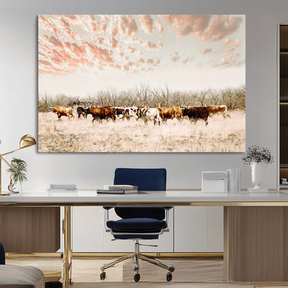 43704663-MGV-CV-36X24-Country Cow Herd Wall Art Canvas Print, Framed Farmhouse Cattle Scene Art Picture Print, Rustic Ranch Decor Perfect Rustic