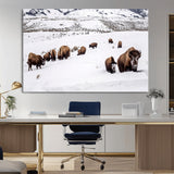 13891210-MGV-CV-36X24-Bison Herd Scene Wall Art Canvas Print, Framed Western Wildlife Decor Art Picture Print, Snowy Mountain Valley Perfect Rustic
