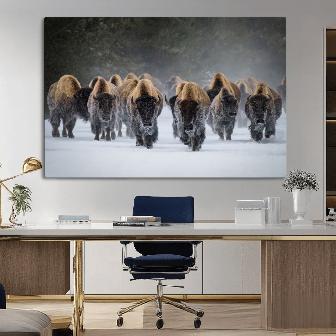 41669135-MGV-CV-36X24-Bison Herd Scene Wall Art Canvas Print, Framed Rustic Wildlife Decor Art Picture Print, Snowy Bison Landscape Perfect Rustic