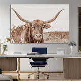 77810049-MGV-CV-36X24-Longhorn Bull Photo Wall Art Canvas Print, Framed Rustic Cow Decor Art Picture Print, Neutral Farmhouse Style Perfect Rustic