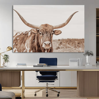 77810049-MGV-CV-36X24-Longhorn Bull Photo Wall Art Canvas Print, Framed Rustic Cow Decor Art Picture Print, Neutral Farmhouse Style Perfect Rustic