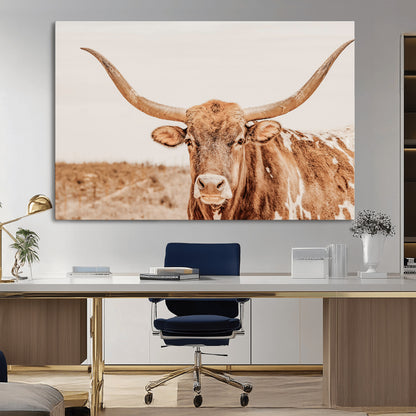 74406977-MGV-CV-36X24-Longhorn Bull Decor Wall Art Canvas Print, Framed Western Cow Theme Art Picture Print, Rustic Farmhouse Wall Perfect Neutral