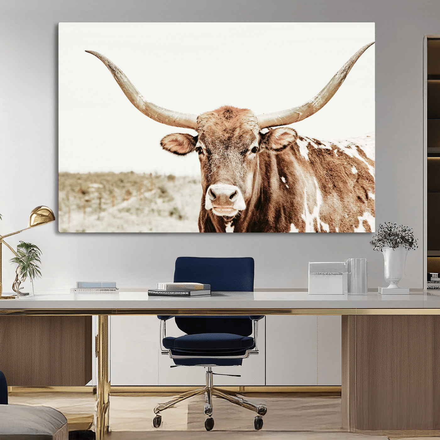 98924580-MGV-CV-36X24-Texas Longhorn Bull Wall Art Canvas Print, Framed Rustic Farmhouse Decor Art Picture Print, Western Animal Theme Perfect Rustic