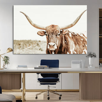98924580-MGV-CV-36X24-Texas Longhorn Bull Wall Art Canvas Print, Framed Rustic Farmhouse Decor Art Picture Print, Western Animal Theme Perfect Rustic