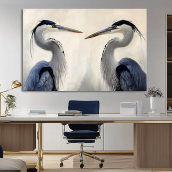 18230556-MGV-CV-36X24-Blue Heron Pair Wall Art Canvas Print, Framed Coastal Bird Theme Art Picture Print, Tranquil Wildlife Scene Perfect Coastal
