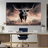 71457818-MGV-CV-36X24-Longhorn Wall Art Wall Art Canvas Print, Framed Western Bull Canvas Art Picture Print, Rustic Cow Decor Perfect Western Dramatic