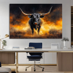 58293979-MGV-CV-36X24-Longhorn Canvas Wall Art Canvas Print, Framed Bold Bull Wall Art Art Picture Print, Western Animal Decor Perfect Western Dramatic