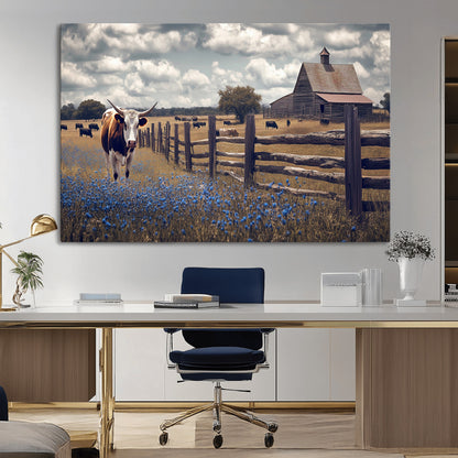 22296025-MGV-CV-36X24-Texas Longhorn Canvas Wall Art Canvas Print, Framed Rustic Barn Wall Art Art Picture Print, Farmhouse Cow Decor Perfect Rustic