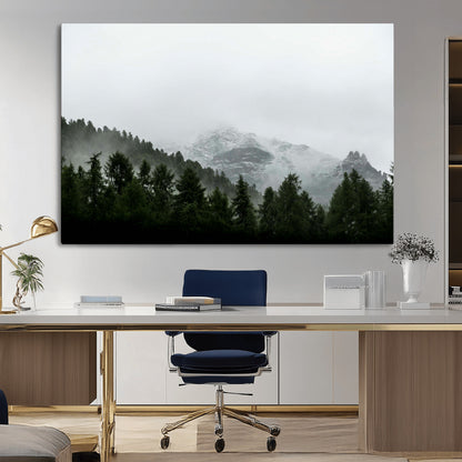 55968349-MGV-CV-36X24-Misty Mountains Wall Art Canvas Print, Framed Foggy Forest Art Picture Print, Snowy Peaks Perfect Moody Wilderness Decor Artwork