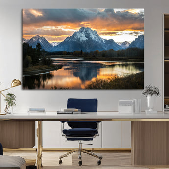 14130176-MGV-CV-36X24-Mountain Sunset Wall Art Canvas Print, Framed Alpine Wilderness Art Picture Print, Golden Hour Perfect Rustic Wilderness Decor