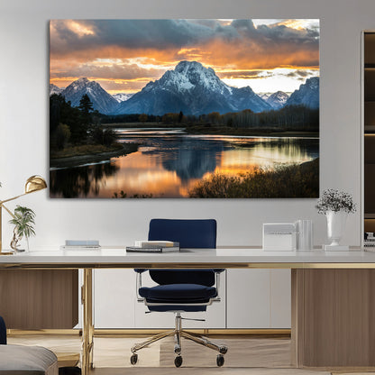 14130176-MGV-CV-36X24-Mountain Sunset Wall Art Canvas Print, Framed Alpine Wilderness Art Picture Print, Golden Hour Perfect Rustic Wilderness Decor