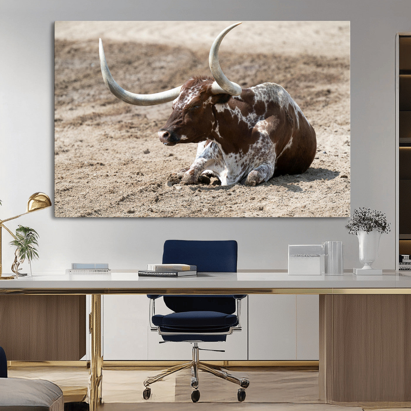76549210-MGV-CV-36X24-Texas Longhorn Wall Art Canvas Print, Framed Country Living Art Picture Print, Farmhouse Aesthetic Perfect Western Rustic Decor