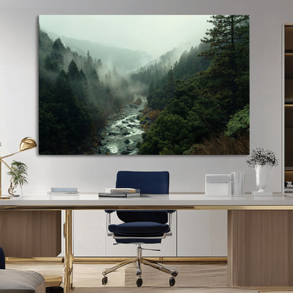48497565-MGV-CV-36X24-Misty Forest Wall Art Canvas Print, Framed Foggy River Art Picture Print, Moody Landscape Perfect Moody Wilderness Decor Artwork