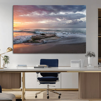 94208089-MGV-CV-36X24-Golden Hour Wall Art Canvas Print, Framed Tranquil Waves Art Picture Print, Beach Horizon Perfect Coastal Serenity Decor Artwork