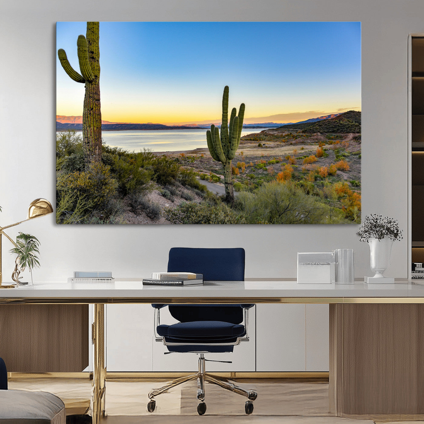 52844711-MGV-CV-36X24-Saguaro Cactus Wall Art Canvas Print, Framed Desert Sunset Art Picture Print, Southwestern Scene Perfect Southwestern Rustic Decor