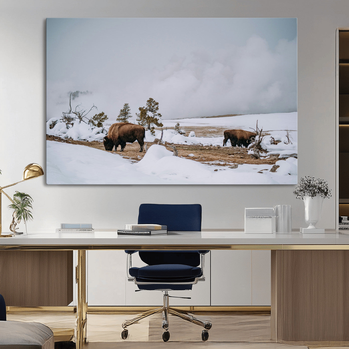 60308289-MGV-CV-36X24-Bison Wildlife Wall Art Canvas Print, Framed Snowy Prairie Art Picture Print, Western Landscape Perfect Rustic Winter Decor