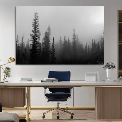 73138900-MGV-CV-36X24-Misty Pines Wall Art Canvas Print, Framed Woodland Photography Art Picture Print, Minimalist Decor Perfect Modern Rustic Decor