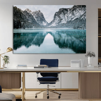 73098373-MGV-CV-36X24-Mountain Lake Wall Art Canvas Print, Framed Winter Wonderland Art Picture Print, Snowy Peaks Perfect Modern Nature Decor Artwork