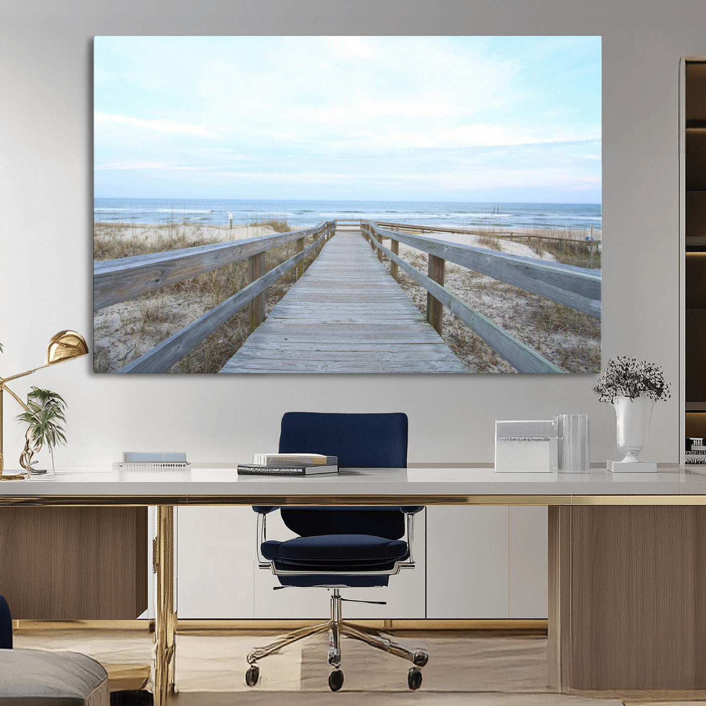 31602988-MGV-CV-36X24-Beach Boardwalk Wall Art Canvas Print, Framed Coastal Serenity Art Picture Print, Ocean View Perfect Coastal Minimalist Decor