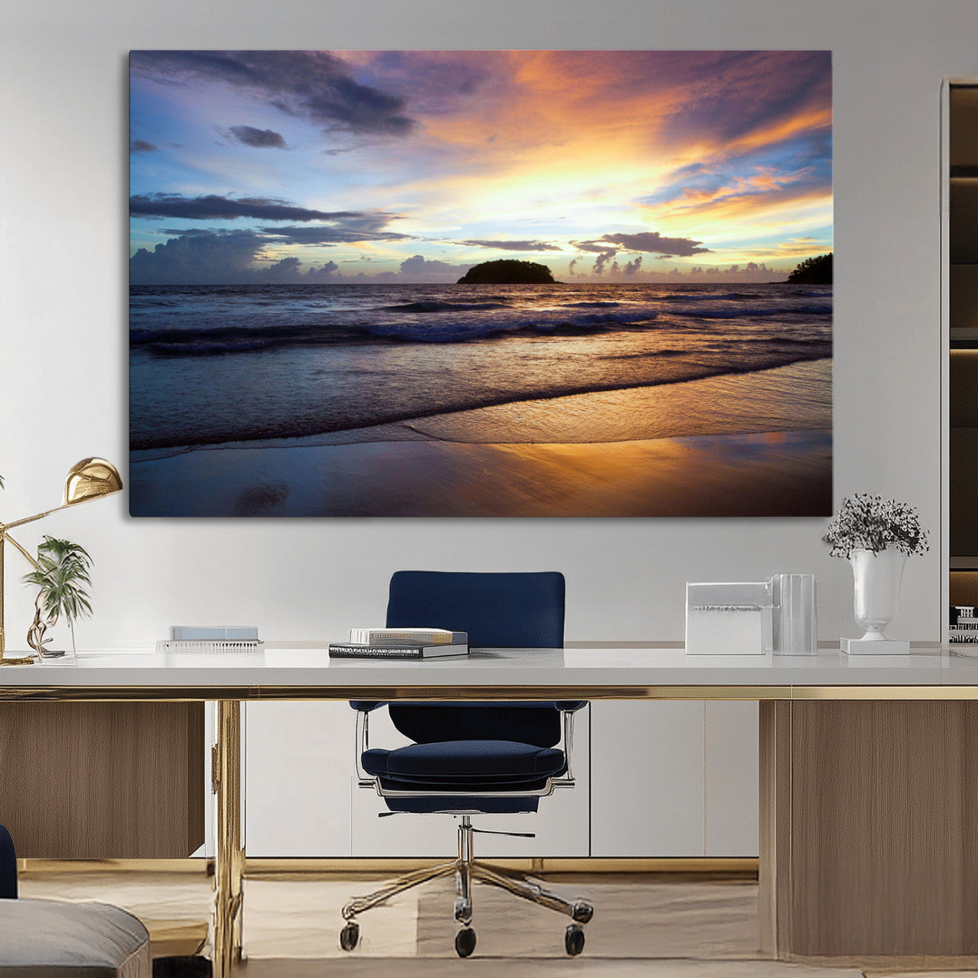 36714356-MGV-CV-36X24-Beach Sunset Wall Art Canvas Print, Framed Ocean Waves Art Picture Print, Tropical Seascape Perfect Coastal Serenity Decor Artwork