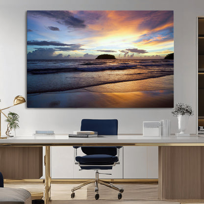 36714356-MGV-CV-36X24-Beach Sunset Wall Art Canvas Print, Framed Ocean Waves Art Picture Print, Tropical Seascape Perfect Coastal Serenity Decor Artwork