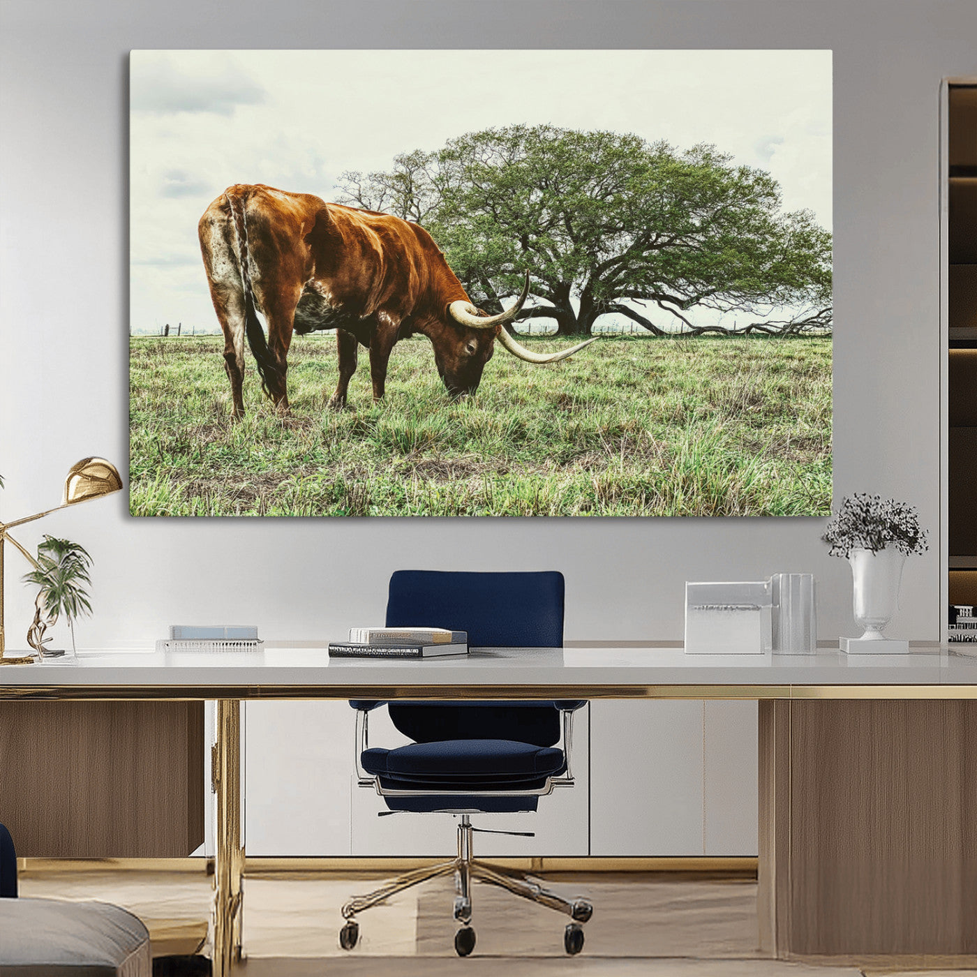 91866234-MGV-CV-36X24-Texas Longhorn Wall Art Canvas Print, Framed Rustic Ranch Art Picture Print, Western Cattle Perfect Rustic Farmhouse Decor Artwork