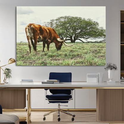 91866234-MGV-CV-36X24-Texas Longhorn Wall Art Canvas Print, Framed Rustic Ranch Art Picture Print, Western Cattle Perfect Rustic Farmhouse Decor Artwork