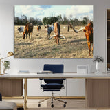 39144651-MGV-CV-36X24-Texas Longhorns Wall Art Canvas Print, Framed Rustic Farm Scene Art Picture Print, Western Cattle Perfect Rustic Farmhouse Decor