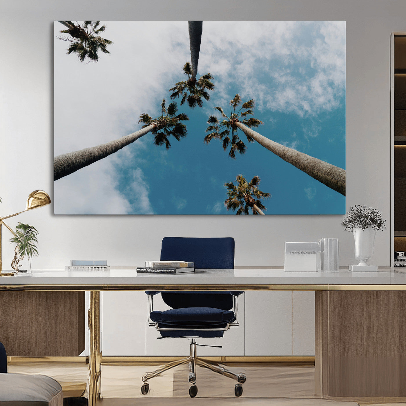 45236398-MGV-CV-36X24-Tropical Palm Trees Wall Art Canvas Print, Framed California Sky Art Picture Print, Minimalist Nature Perfect Coastal Minimalist