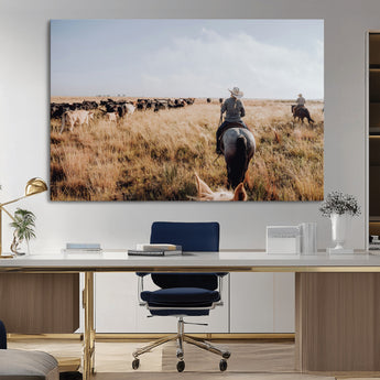 22431577-MGV-CV-36X24-Western Wall Art Wall Art Canvas Print, Framed Cowboy Canvas Art Picture Print, Cattle Drive Scene Perfect Rustic Western Decor