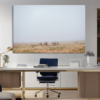 14761944-MGV-CV-36X24-Foggy Plains Wall Art Canvas Print, Framed Horseback Riders Art Picture Print, Rustic Western Perfect Rustic Western Decor Artwork