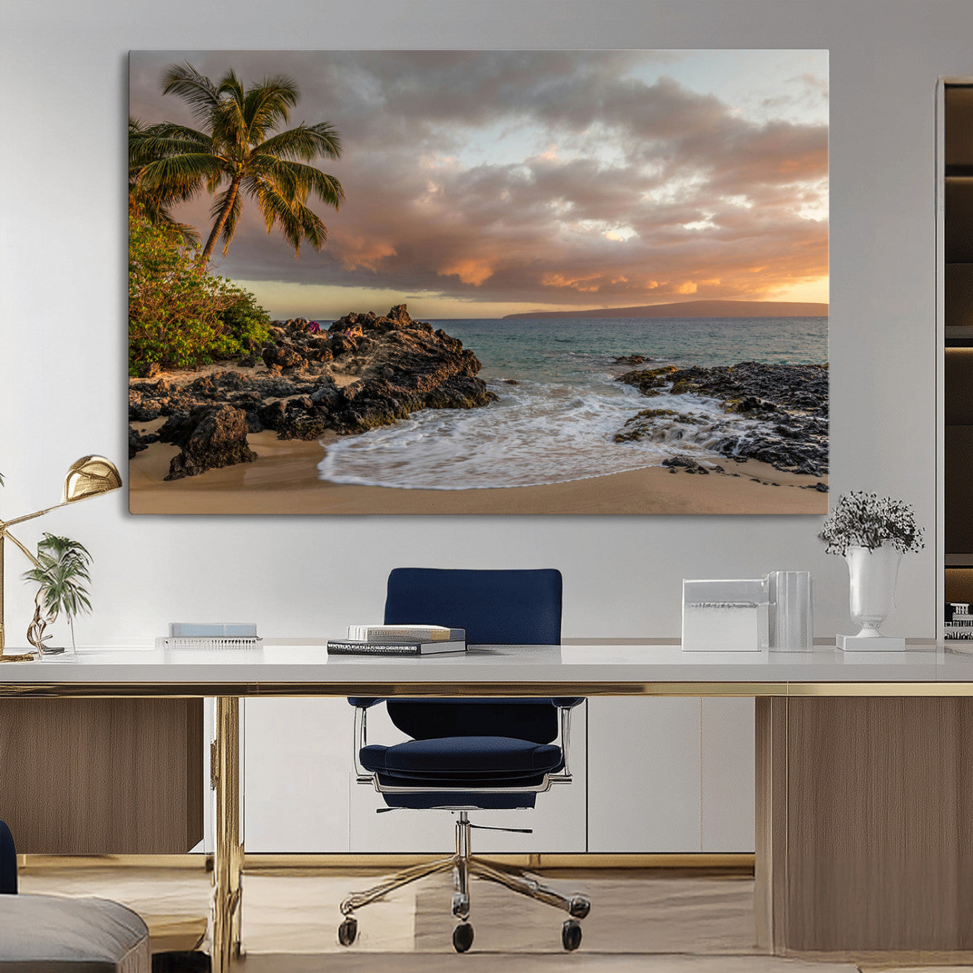 55108220-MGV-CV-36X24-Tropical Beach Wall Art Canvas Print, Framed Hawaiian Sunset Art Picture Print, Ocean Waves Perfect Coastal Tropical Decor Artwork