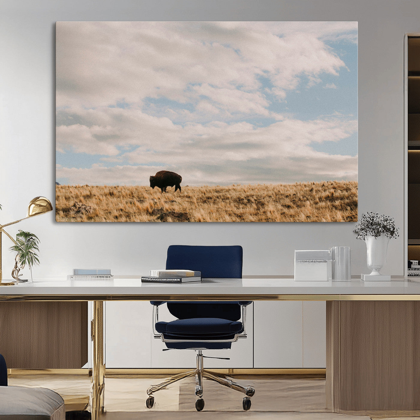 22754563-MGV-CV-36X24-Earthy Tones Wall Art Canvas Print, Framed Rustic Nature Art Picture Print, Solitary Buffalo Perfect Western Minimalist Decor