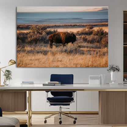 39509187-MGV-CV-36X24-Western Wildlife Wall Art Canvas Print, Framed Bison Art Picture Print, Golden Hour Perfect Western Rustic Decor Artwork