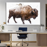 94261165-MGV-CV-36X24-Snowy Buffalo Wall Art Canvas Print, Framed Wildlife Photography Art Picture Print, Brown Tones Perfect Rustic Lodge Decor Decor