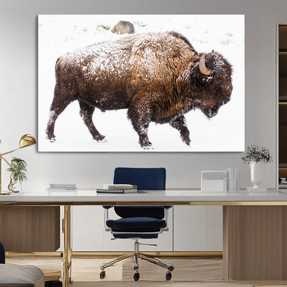 94261165-MGV-CV-36X24-Snowy Buffalo Wall Art Canvas Print, Framed Wildlife Photography Art Picture Print, Brown Tones Perfect Rustic Lodge Decor Decor