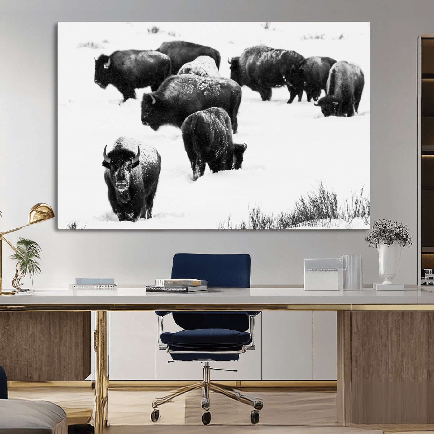 18914414-MGV-CV-36X24-Buffalo Herd Wall Art Canvas Print, Framed Black and White Art Picture Print, Snowy Landscape Perfect Rustic Lodge Decor Decor