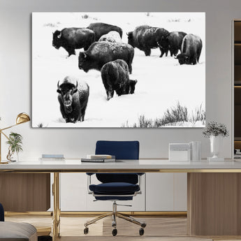 18914414-MGV-CV-36X24-Buffalo Herd Wall Art Canvas Print, Framed Black and White Art Picture Print, Snowy Landscape Perfect Rustic Lodge Decor Decor