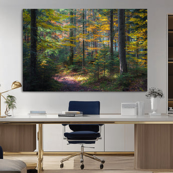 65810864-MGV-CV-36X24-Autumn Forest Wall Art Canvas Print, Framed Fall Woodland Art Picture Print, Golden Leaves Perfect Rustic Farmhouse Decor Artwork