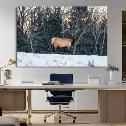 36533178-MGV-CV-36X24-Wild Elk Photography Wall Art Canvas Print, Framed Winter Wildlife Art Picture Print, Snowy Forest Perfect Rustic Lodge Decor