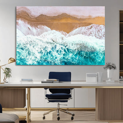 26870666-MGV-CV-36X24-Aerial Beach Wall Art Canvas Print, Framed Ocean Waves Art Picture Print, Coastal Landscape Perfect Coastal Minimalist Decor
