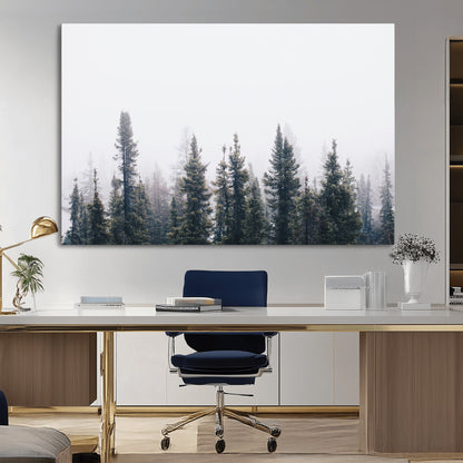 42364796-MGV-CV-36X24-Foggy Forest Wall Art Canvas Print, Framed Misty Pines Art Picture Print, Moody Woodland Perfect Scandinavian Minimalist Decor