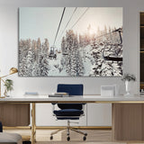 91534512-MGV-CV-36X24-Frosty Pines Wall Art Canvas Print, Framed Cozy Cabin View Art Picture Print, Ski Lift Ride Perfect Rustic Lodge Decor Artwork