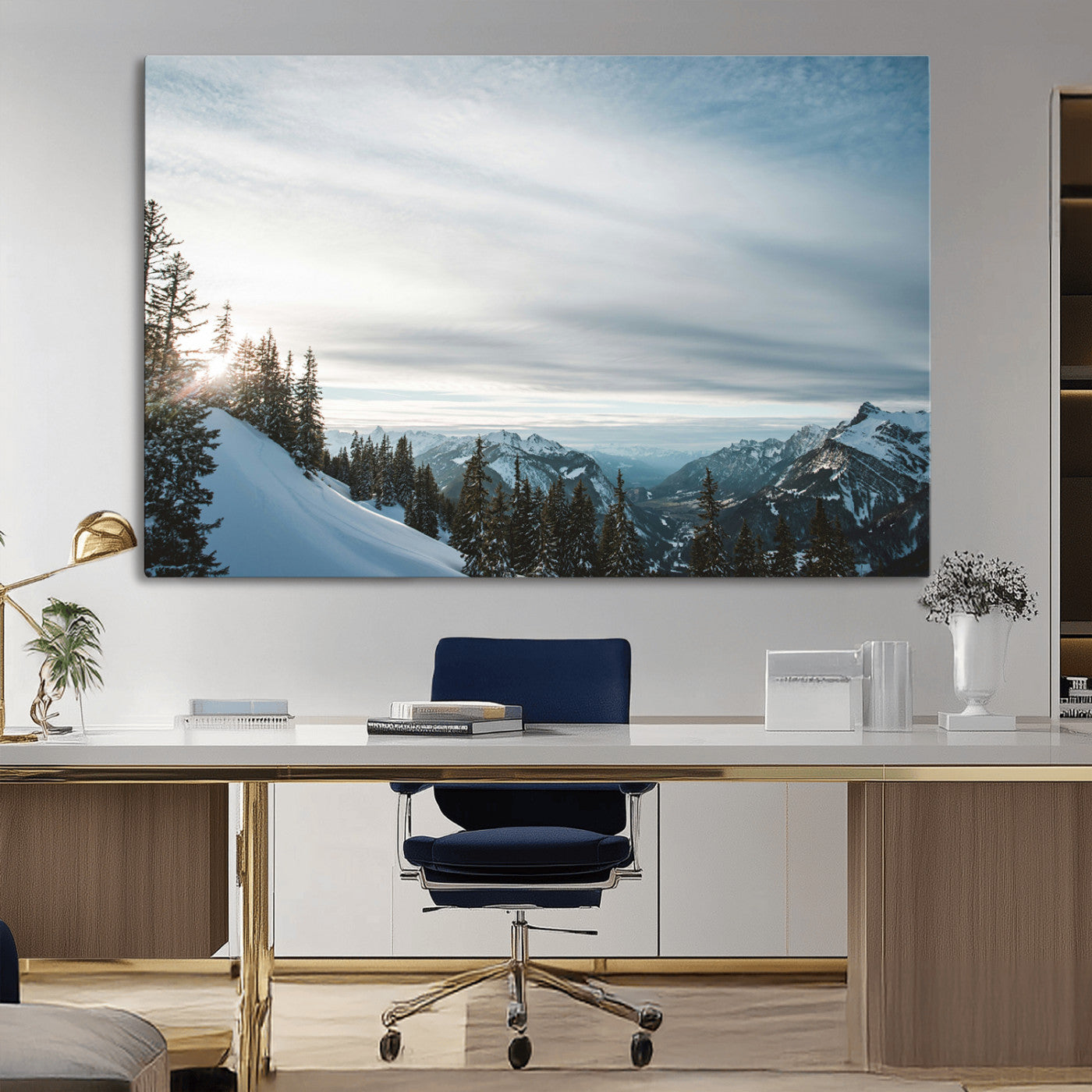 55564749-MGV-CV-36X24-Snowy Mountains Wall Art Canvas Print, Framed Alpine Landscape Art Picture Print, Frosty Peaks Perfect Nordic Minimalist Decor