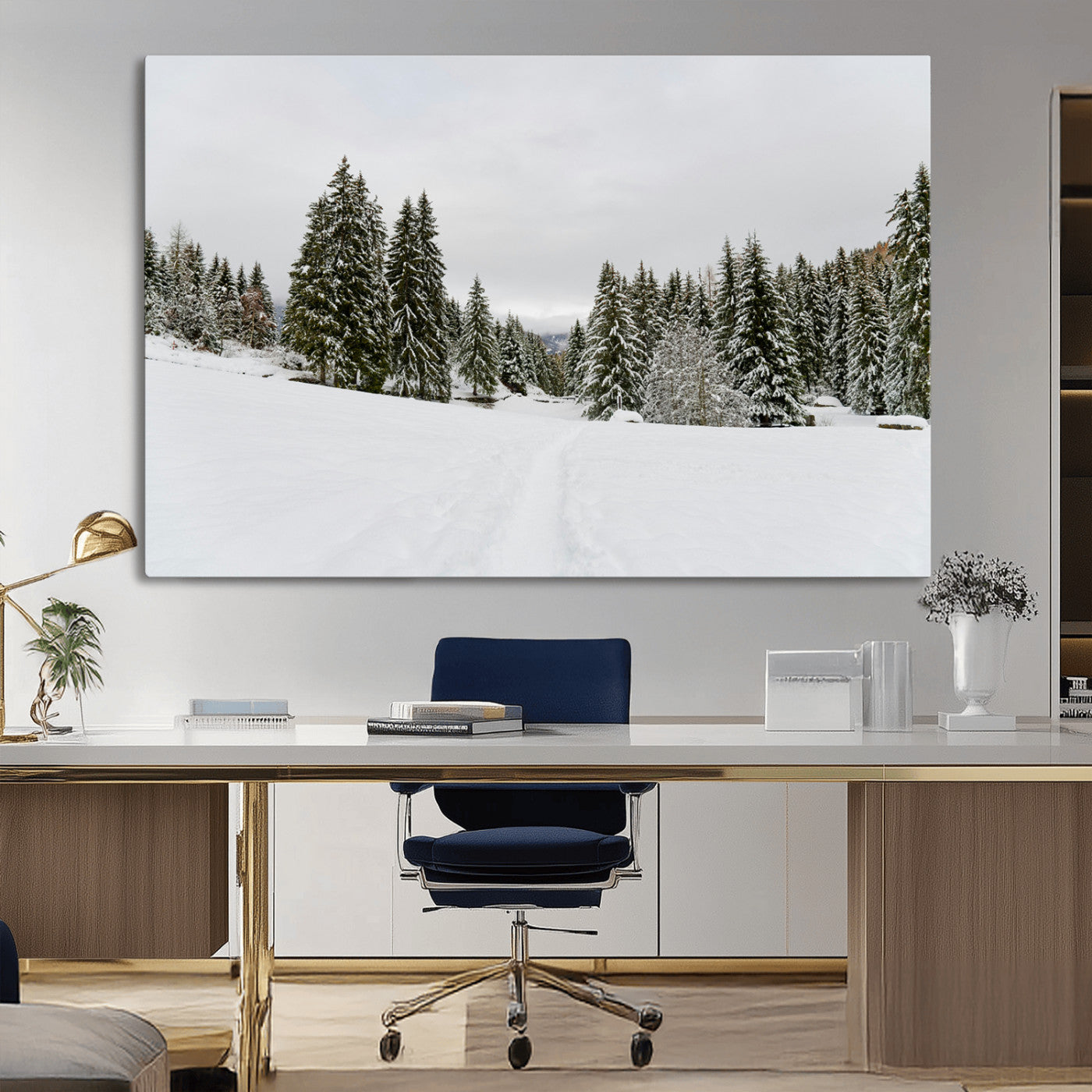 24581417-MGV-CV-36X24-Frosty Pines Wall Art Canvas Print, Framed Silent Snowfall Art Picture Print, Cozy Cabin Vibes Perfect Nordic Minimalist Decor