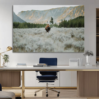41674074-MGV-CV-36X24-Bison Wall Art – American Buffalo Wildlife Photography Canvas Print, Western Mountain Landscape Artwork Rustic Nature Decor for