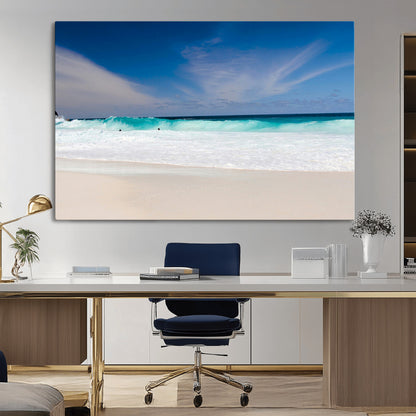 55017356-MGV-CV-36X24-Ocean Beach Wall Art – Turquoise Wave and White Sand Shoreline Canvas Print, Coastal Seascape Photography Decor for Living Room,